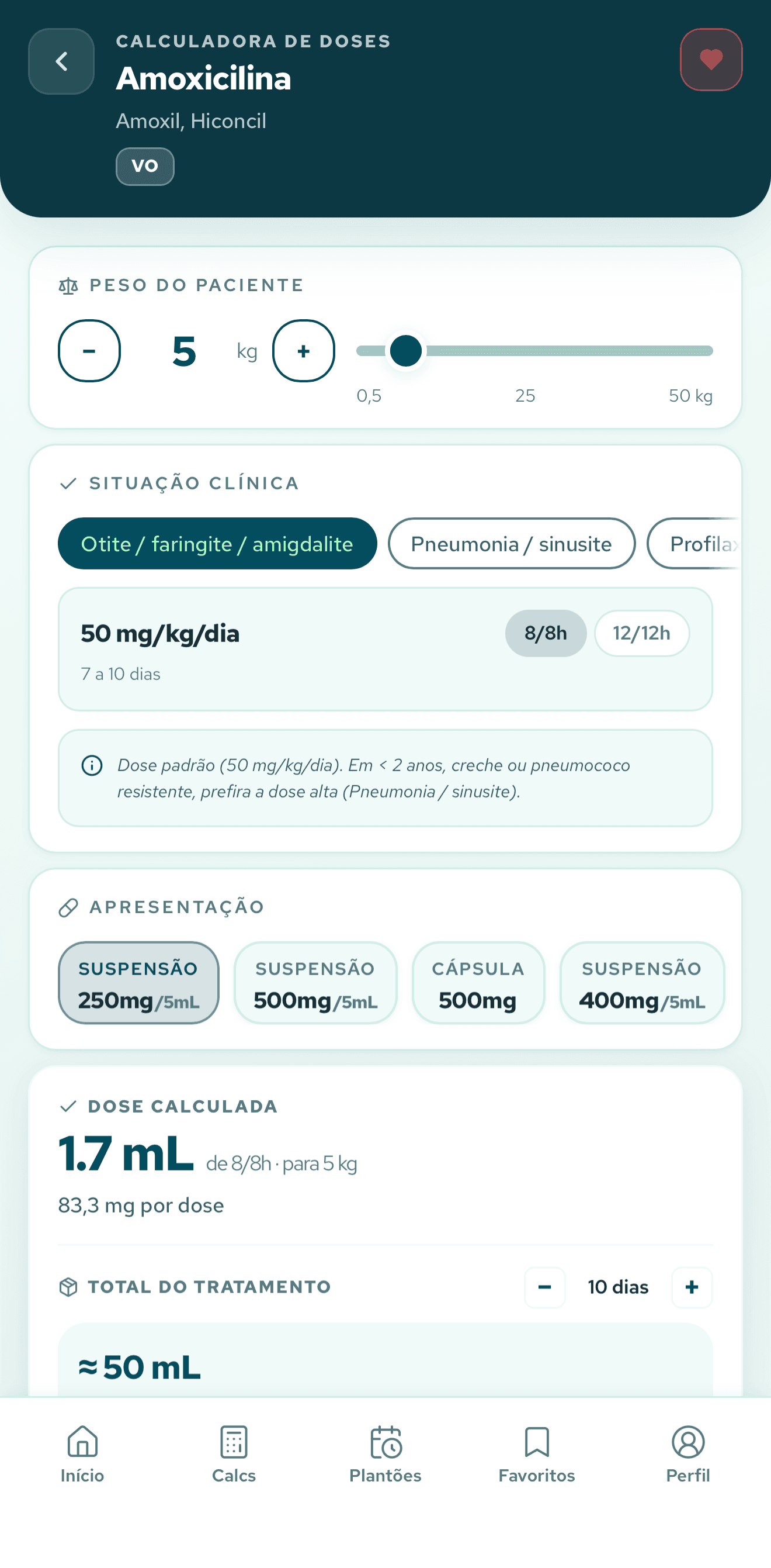 Tela da Calculadora de Doses para Amoxicilina